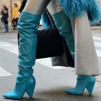 Дамски ботуши до коляното на висок ток с остър пръсти 2023, есен и зима, Нови висококачествени модни кожени ботуши в сгъвката 48