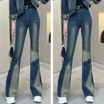 Дамски дънки американски ретро-производство на микро-изгорени вложки, нови модни стегнати ластични дънкови панталони