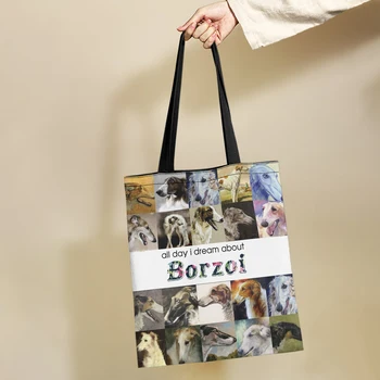 Дамски множество пазарска чанта Yikeluo Borzoi голям капацитет, подаръци за любителите на кучета, моющаяся сгъваема продуктова чанта