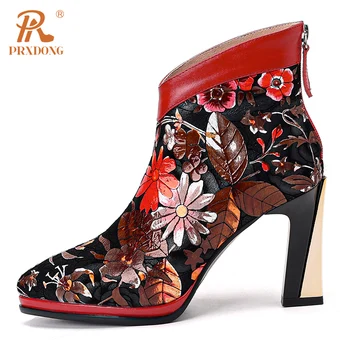 Дамски обувки PRXDONG от естествена кожа 2024 г., нова марка, есенно-зимни топли ботильоны на висок ток, платформа, Червената сватбена рокля с цип