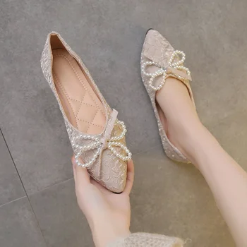 Дамски обувки на плоска подметка с хубав лък 2023 г., Нови Велурени Ежедневните пешеходни обувки с остри пръсти, за жени, Дишащи обувки на квадратен ток с малките си пръсти