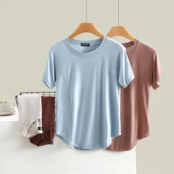 Дамски тениски от модала с къси ръкави Прости обикновена тениска с кръгло деколте, плътно прилепнали тениски Големи размери, Летни ежедневни удобни капаци