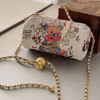 Дамски чанти на веригата с графити мечка, чанта през рамо за мобилен телефон, лесна малка квадратна чанта, дамски луксозни дизайнерски чанти за жени