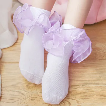 Дантелени памучни мрежести чорапи дишащи принцеса с рюшами, детски къси чорапи от щиколотку, бели, розови, лилави, за малки момичета, за танци деца