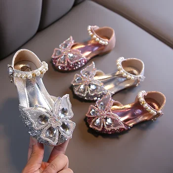 Детски обувки с пайети и завързана лък за момичета, скъпа танцови обувки принцеса с перли, ежедневни обувки за момичета, 2024, Нови обувки за сватба, за детско парти