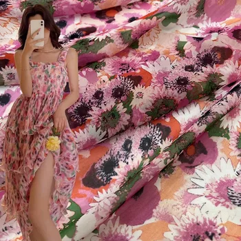 Европа И Америка Мода Розово Цвете Печатна Тънка Шифоновая Плат За Женски Рокли Блуза Ръчно изработени САМ Плат За Шиене