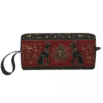 Египетски котки и Окото на Гор Косметичка козметични чанти за пътуване в Древен Египет Водоустойчива чанта за тоалетни принадлежности Чанта-органайзер за съхранение