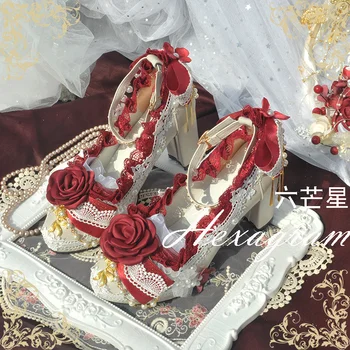 Елегантен cosplay в ретро стил Лолита, сватбена момиче с цветя, прекрасни сатен, лък, Перла, Лента, Цвете, Обувки на висок ток 8 cm