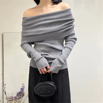 Елегантен пуловер-скок с отворени рамене, дамски пуловер с намаляване на шията си еластична пуловер с дълъг ръкав, однотонная универсална връхни дрехи в корейски стил