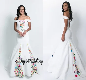 Елегантна Русалка, Мексикански сватбени рокли с отворени рамене, бродерия, апликация, Западните сватбени рокли, корсети, сватбена рокля в стил Кънтри