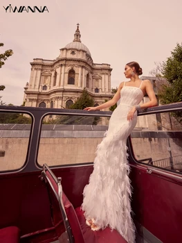 Елегантна сватбена рокля на спагети презрамки с лъскави пайети и мъниста, халат на булката, Луксозни пера Русалка, Дълга сватбена рокля Robe De Mariée