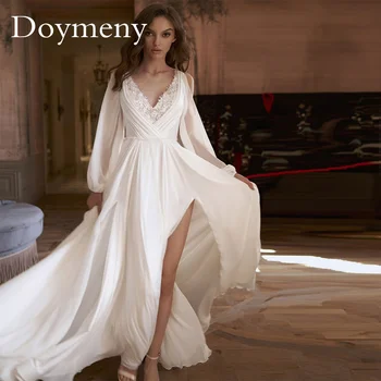 Елегантна шифоновое сватбена рокля Doymeny с дълъг ръкав, расшитое пайети, с V-образно деколте, без облегалка, с висока цепка, с влак, Robe De Mariee