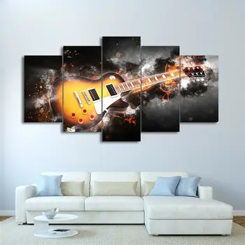 Електрическа китара в огън, гори пламък, 5 панели, печат върху платно, на изкуството за домашен интериор, HD печат на снимки, плакат и без рамка, 5 бр.