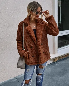 Есен / Зима 2023, Модни дамски горна вълнена куртка, однотонная руното дамски твидовая яке
