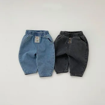 Есенни Корейски детски панталони 2023 г., обикновена дънки за момчета и момичета, памучни дънкови панталони с копчета за деца, Детски дънки, широки панталони от 0 до 3 години