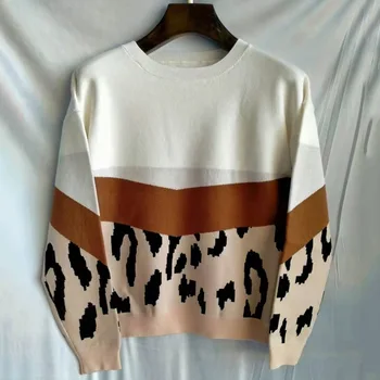 Жена пуловер 2023 Есен/Зима, Нов Вязаный пуловер с Леопардовым Принтом и Дълъг ръкав в стил Мозайка