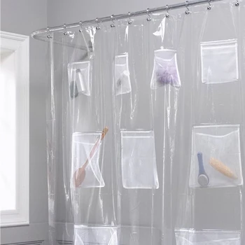 Завеса за баня, душ, Пластмаса EVA Водоустойчив кука, Прозрачна, Бяла Прозрачна завеса за баня, Джобове, завеса за баня