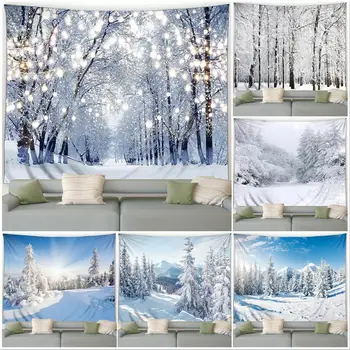Зимен гоблен Горски Кедър Снежна планина Природа Снежна сцена Коледни Гоблени Начало декор за хола спални, окачена на стената