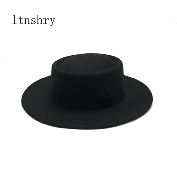 Зимните прости модни широкополые реколта филц шапки за жени, однотонная Ежедневни панама с плосък покрив, черна лента, джаз шапка