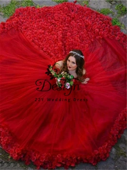 Изискана червена рокля от тюл с открити рамене 15 Буйни рокли на цветя аппликацией Vestidos Para 15 Буйни рокли