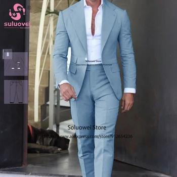 (Индивидуален размер и цвят) Модни американски ежедневни костюми за мъже Сватбен комплект панталон от 2 теми Официален смокинг за булката на вечеря Костюм Homme