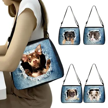 Кавайные дънкови чанти с джоб и принтом кученце, женствена чанта за отдих, дамски чанти-клатч, холщовые чанти-незабавни посланици, подарък