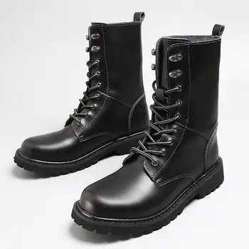 Класически мъжки черни обувки в стил пънк, модни кожени ботильоны дантела, мъжки мотоциклетът обувки, ежедневни високи мъжки работни обувки, големи размери 47 и 48