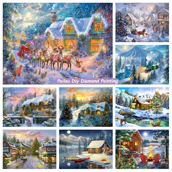 Коледна Зимна Селски пейзаж, пълен с 5d Диамантена живопис, Дядо Коледа, Вила в Страната на Чудесата, Мозайка, Бродерия на кръстат бод, домашен декор