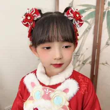 Коледна прическа, червен шнола за коса на принцесата на Ханфу, червен шнола за коса с кичури, цветни аксесоари за коса.