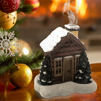 Коледна украса Кадилница за тамян в дървена колиба от смола Коледна горелка за тамян Снежна зима с плот за Коледната елха