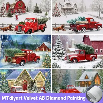 Коледни Червени камиони и снежна хижа Вила DIY Диамантена живопис, Определени за кръстат бод Ръкоделие Диамантена Мозайка Бродерия Новост