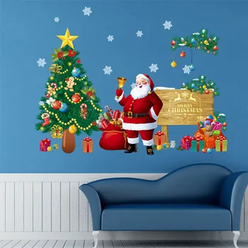 Коледно дърво, тапети с Дядо Коледа, самозалепващи винилови стикери за стена за хол, спалня, Коледното стикери за дома, стенописи