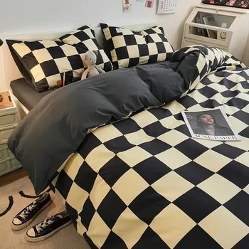 Комплекти спално бельо от выстиранного вятъра памук в японски стил, Клетчатая легло от четири части, чаршаф за студентски общежития, Стеганое одеяло, чаршаф