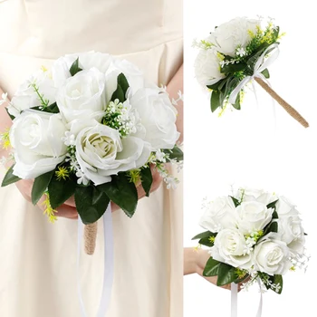 Копринени сватбени букети с цветя, изкуствени естествени рози, сватбен букет, бяло шампанско, приятелка на булката, сватбена парти