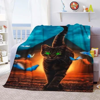 Котката е Животно Фланелевое Одеяло Леко Супер Меко Топло Спално Бельо King Queen Size за Легла и Диван Пътуване Къмпинг Йога, Одеала