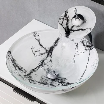 Кръгла мивка и мрамор стъклена купа, Плот за баня Мивка с водопад