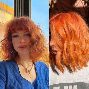 Къси оранжеви перуки HAIRCUBE за жени, натурални Вълнообразни Бобо, Синтетични перуки, с бретон, Cosplay, Хелоуин, Топлоустойчива режийни косата