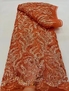 Лейси плат с бродерия на мъниста L-1302527 Благородна тюлевая плат с африкански пайети за вечерните рокли