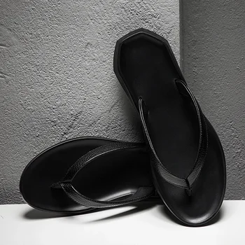Летни мъжки черни джапанки от естествена кожа, класически дизайнерски чехли, качествени нескользящие улични плажни ежедневни сандали и чехли