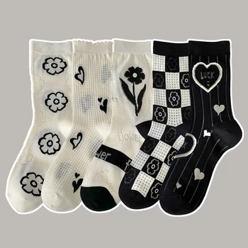 Летни окото Тънки памучни дишащи високи чорапи Harajuku, дамски спортни чорапи за момичета, черно-бели ежедневни чорапи в клетката, подови чорапи в клетката