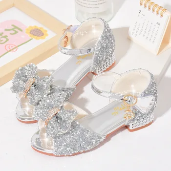 Летни сандали за момичета, Детски сватбена танцови обувки на принцесата на висок ток, Светли Детски студентски обувки с лък