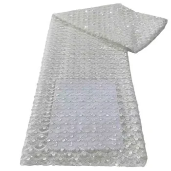 Лилава Нова Бяла Африканска лейси плат Висококачествено Нигерийски сватбена рокля с 3D бродерии, пайети Френски тюл Лейси кърпа 5 ярда