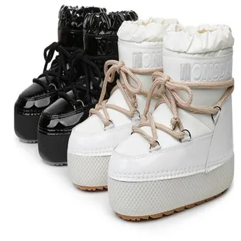 Маркови зимни обувки дантела 2023, Зимни дамски ски обувки от неплъзгащи водоустойчива кожа на платформа, дамски дебели топли памучни обувки