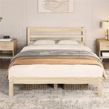 Масивни дървени рейки в стил Кънтри Поддържат Рамка на легло с Обшитым дървена ламперия таблата, Пружинен блок не се изисква Просто сглобяване на Queen