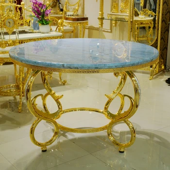 Метални мебели в европейски стил барок, позлатени синя мраморна маса с лед, 1,3-метров оригинален маса за хранене