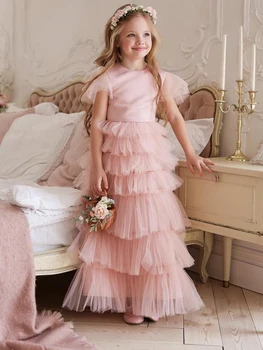 Многослойно пищни тюлевое рокля с цветя модел за момичета, розова рокля на принцеса трапецовидна форма, без ръкави, плажно парти, Детски рокли за рожден ден, бални рокли