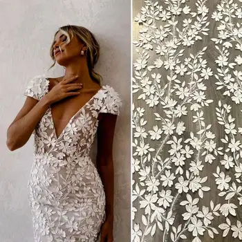 модерна 3D лейси плат лазерно рязане слонова кост, лейси плат за младоженци, продава се по ярду, рокля с ширина 130 см, дантела