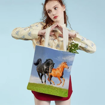 Модерна дамска чанта-тоут с дивите животни и кон, множество студентски холщовая чанта за пазаруване с двустранно принтом, дама