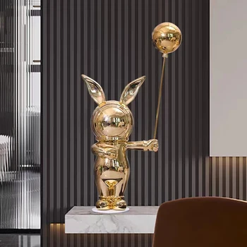 Мультяшные скулптура заек с балон, Фигурки за украса на стаята, Луксозни подови статуи на животни в скандинавски стил, Украса, Аксесоари за дома, Подаръци