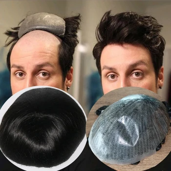 Мъжка перука на полиуретанова основа, пряка човешка коса, Капилярна протеза Syntem За мъже, мъжки подмяна на Трайни